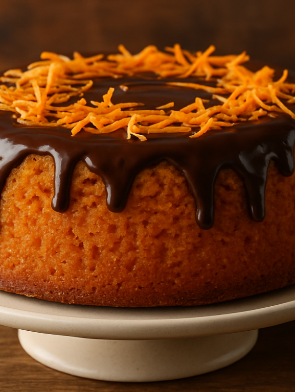 Fatia de bolo de cenoura na fritadeira sem óleo com cobertura de chocolate derretida