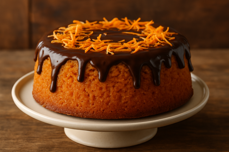 Fatia de bolo de cenoura na fritadeira sem óleo com cobertura de chocolate derretida