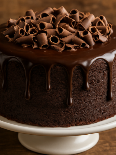 Fatia de bolo de chocolate airfryer caseira com cobertura brilhante e miolo fofinho
