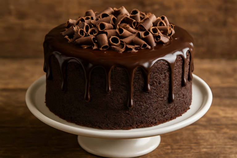 Fatia de bolo de chocolate airfryer caseira com cobertura brilhante e miolo fofinho