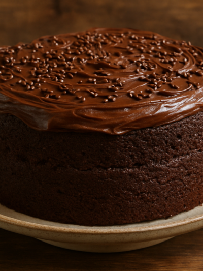 Fatia de bolo de chocolate na fritadeira sem óleo com cobertura de ganache brilhante em prato branco