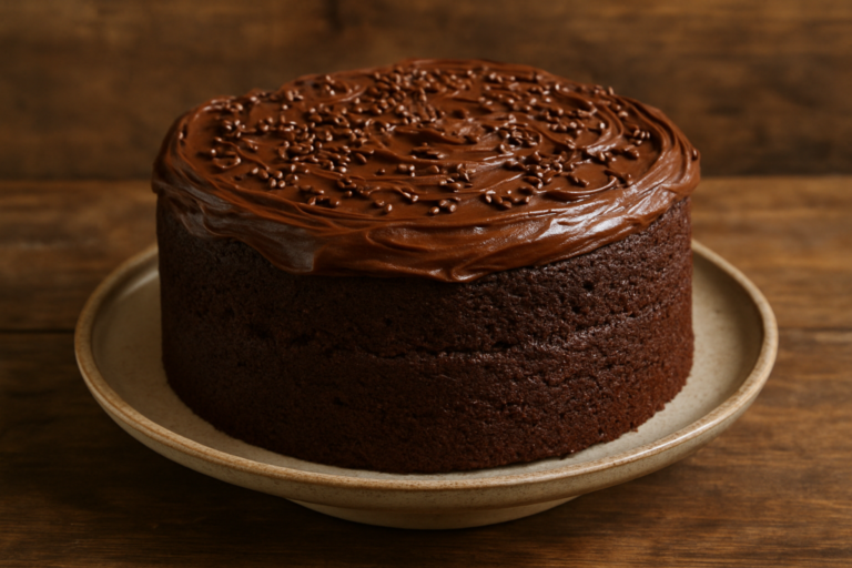 Fatia de bolo de chocolate na fritadeira sem óleo com cobertura de ganache brilhante em prato branco