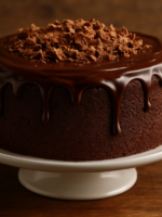 Fatia de bolo de chocolate simples com cobertura de brigadeiro brilhante em prato branco