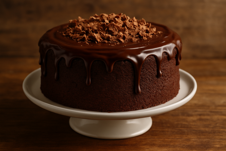 Fatia de bolo de chocolate simples com cobertura de brigadeiro brilhante em prato branco