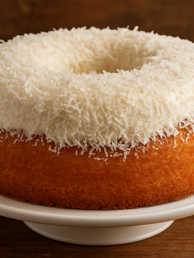 Fatia de bolo de coco airfryer caseira, fofinho e dourado com coco ralado por cima