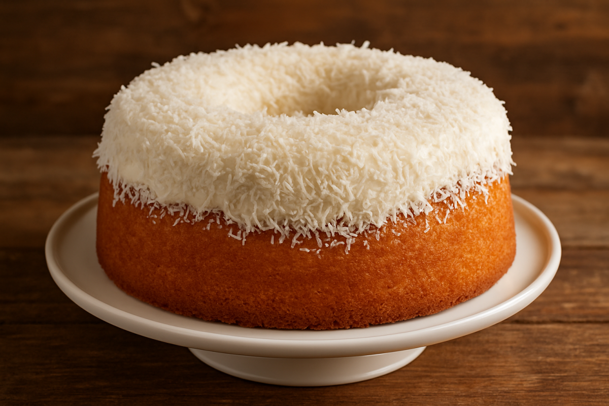 Fatia de bolo de coco airfryer caseira, fofinho e dourado com coco ralado por cima