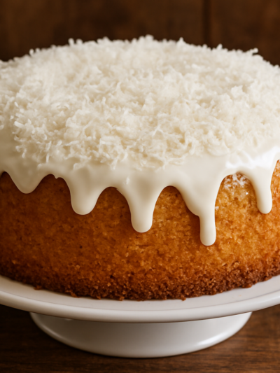 Fatia de bolo de coco airfryer com coco ralado dourado por cima e miolo fofinho