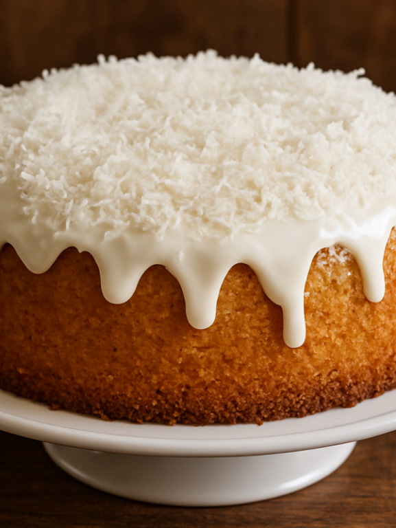 Fatia de bolo de coco airfryer com coco ralado dourado por cima e miolo fofinho
