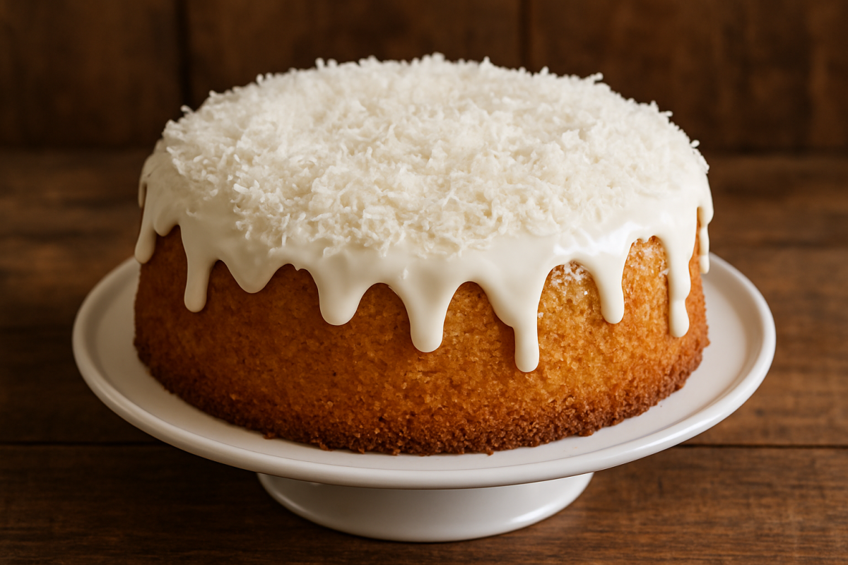 Fatia de bolo de coco airfryer com coco ralado dourado por cima e miolo fofinho