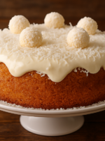Fatia de bolo de coco rápido feito na fritadeira sem óleo, com miolo úmido e coco ralado visível