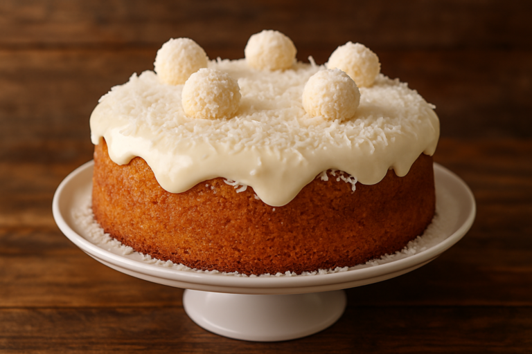 Fatia de bolo de coco rápido feito na fritadeira sem óleo, com miolo úmido e coco ralado visível