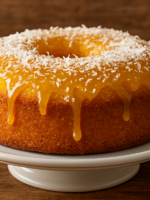 Fatia de bolo de fubá de preguiçoso fofinho amarelo em prato branco com açúcar de confeiteiro