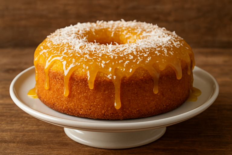 Fatia de bolo de fubá de preguiçoso fofinho amarelo em prato branco com açúcar de confeiteiro