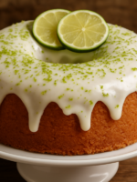 Fatia de bolo de limão da sogra molhadinho com cobertura de leite condensado em prato branco