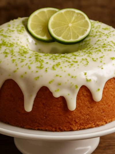 Fatia de bolo de limão da sogra molhadinho com cobertura de leite condensado em prato branco