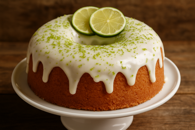 Fatia de bolo de limão da sogra molhadinho com cobertura de leite condensado em prato branco