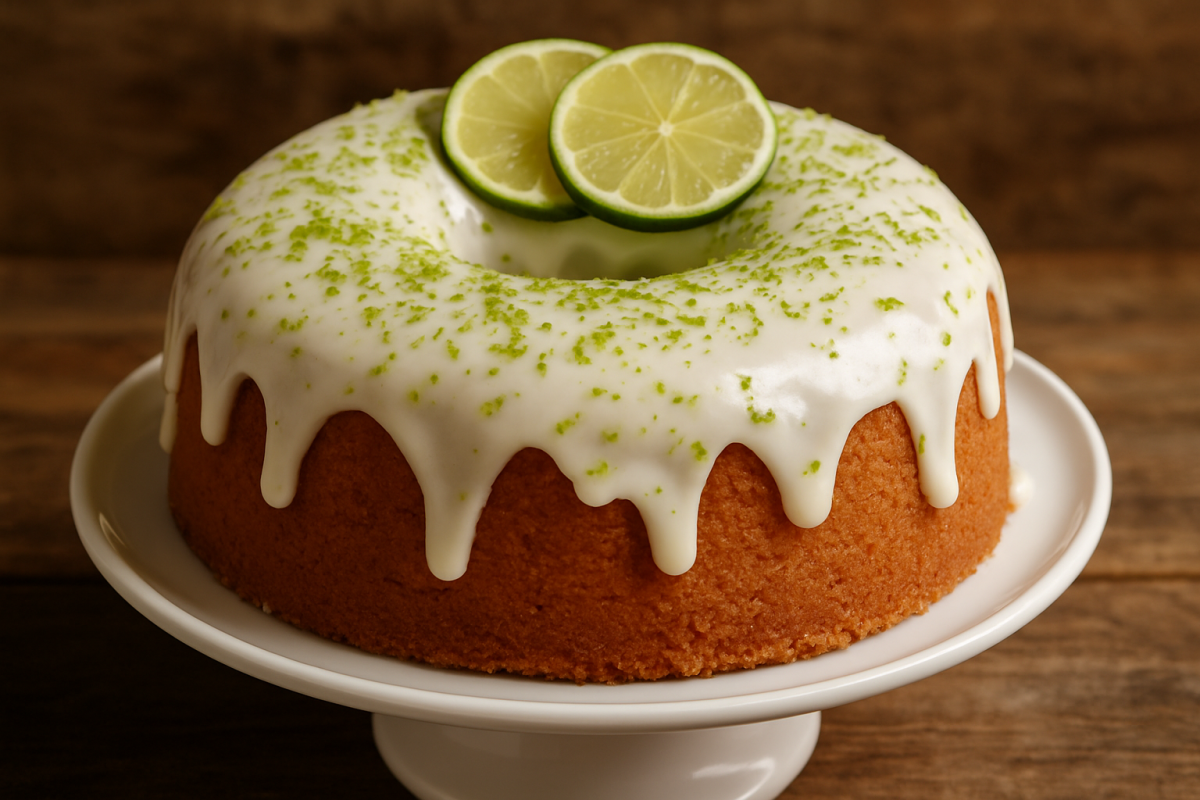 Fatia de bolo de limão da sogra molhadinho com cobertura de leite condensado em prato branco