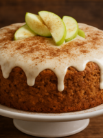 fatia de bolo de maçã verde fofinho com canela e nozes em prato branco