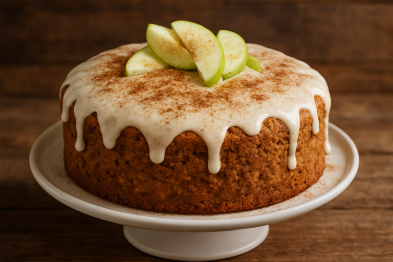 fatia de bolo de maçã verde fofinho com canela e nozes em prato branco