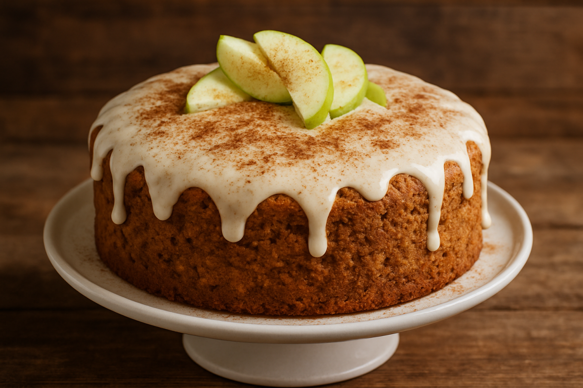 fatia de bolo de maçã verde fofinho com canela e nozes em prato branco
