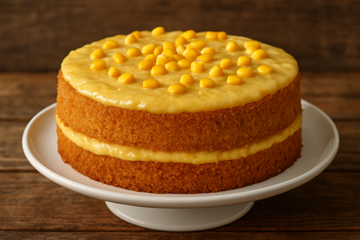 Fatia de bolo de milho diferente com recheio cremoso de leite condensado em prato branco