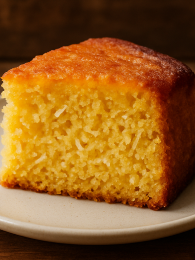 fatia de bolo de milho sem farinha fofinho com coco ralado em prato branco