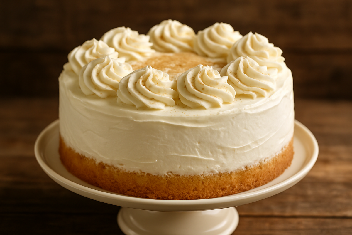 Fatia de bolo de nata fofinho com miolo aerado e cor dourada em prato branco