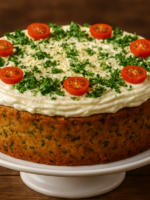 Fatia de bolo de tempero salgado com cheiro-verde, tomate e parmesão em prato branco
