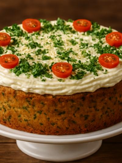 Fatia de bolo de tempero salgado com cheiro-verde, tomate e parmesão em prato branco