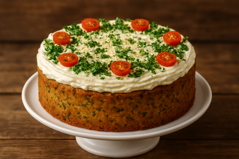 Fatia de bolo de tempero salgado com cheiro-verde, tomate e parmesão em prato branco