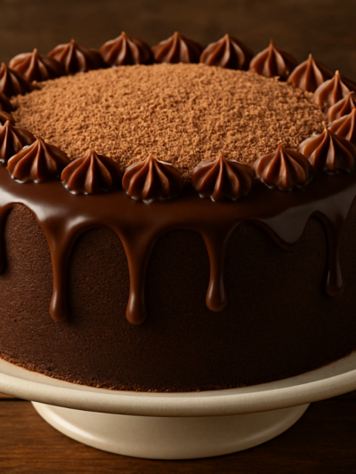 Fatia de bolo de Toddy fofinho com cobertura de achocolatado em prato branco