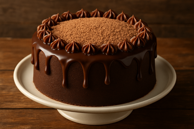 Fatia de bolo de Toddy fofinho com cobertura de achocolatado em prato branco