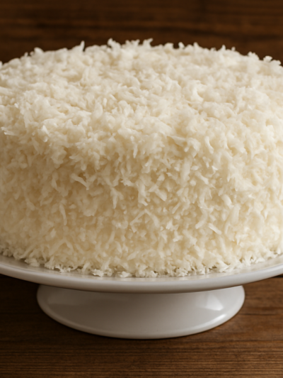 Fatia de bolo gelado de coco molhadinho com cobertura de leite condensado e coco ralado em prato branco