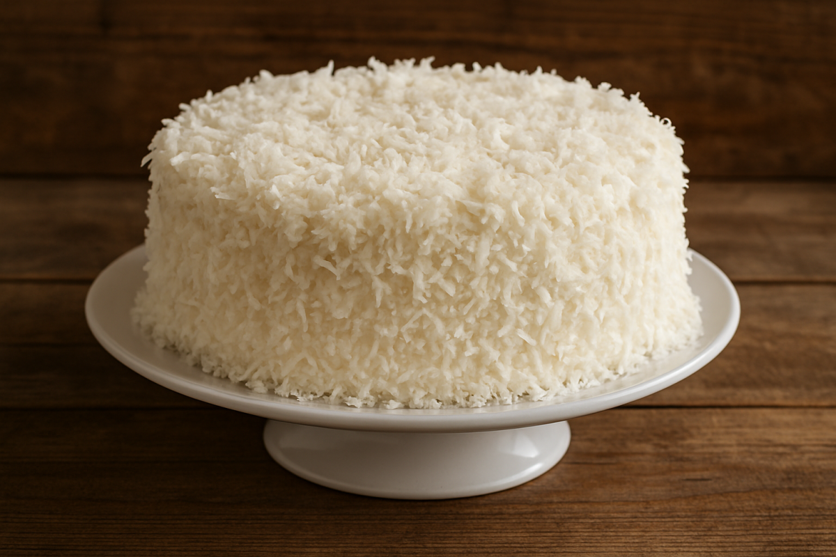 Fatia de bolo gelado de coco molhadinho com cobertura de leite condensado e coco ralado em prato branco