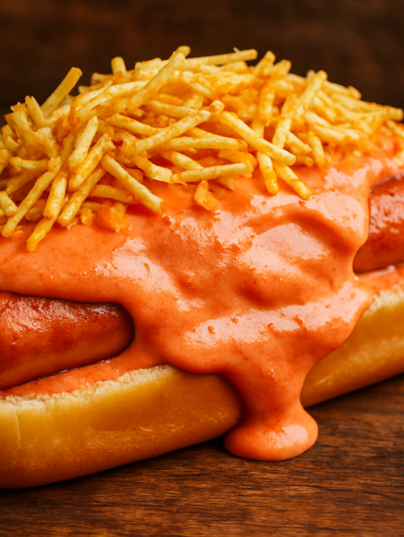 cachorro quente especial com molho rosado cremoso e batata palha crocante servido em pão macio