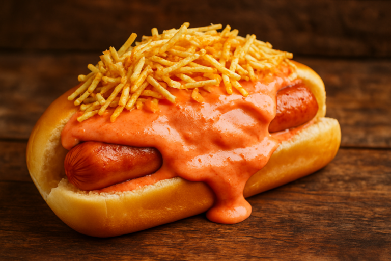 cachorro quente especial com molho rosado cremoso e batata palha crocante servido em pão macio