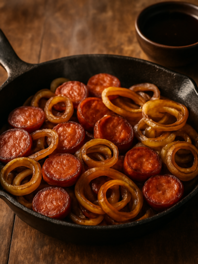 calabresa acebolada dourada em frigideira com cebola caramelizada e pimentão verde