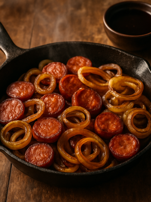 calabresa acebolada dourada em frigideira com cebola caramelizada e pimentão verde