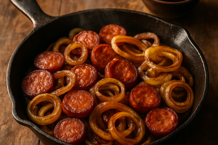 calabresa acebolada dourada em frigideira com cebola caramelizada e pimentão verde