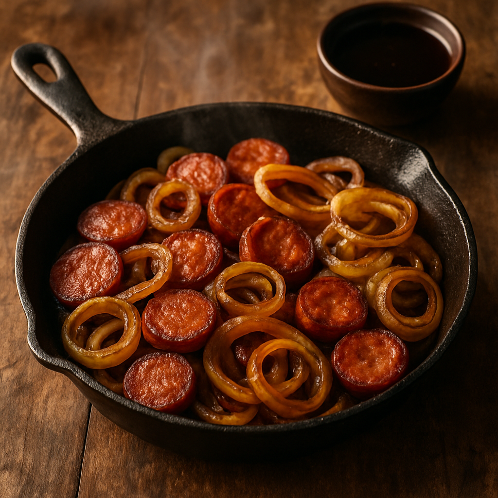 calabresa acebolada dourada em frigideira com cebola caramelizada e pimentão verde