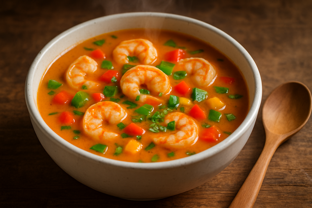 Caldo de camarão cremoso com leite de coco servido em tigela de cerâmica branca com camarões rosados e cheiro-verde
