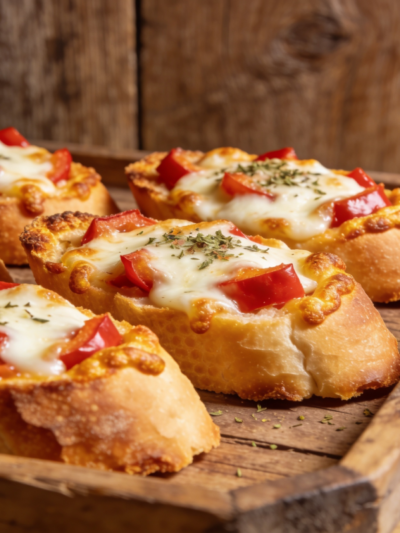 canapés de pizza assados com mussarela derretida e pimentão em bandeja rústica