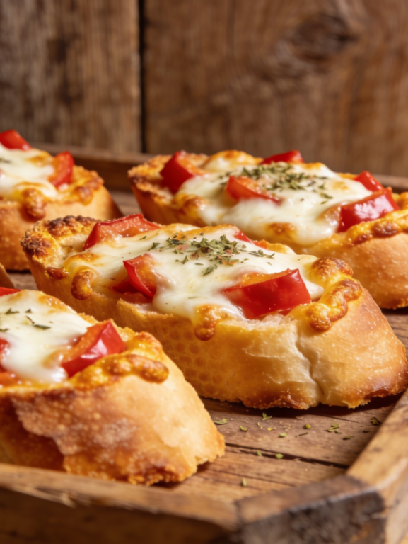canapés de pizza assados com mussarela derretida e pimentão em bandeja rústica