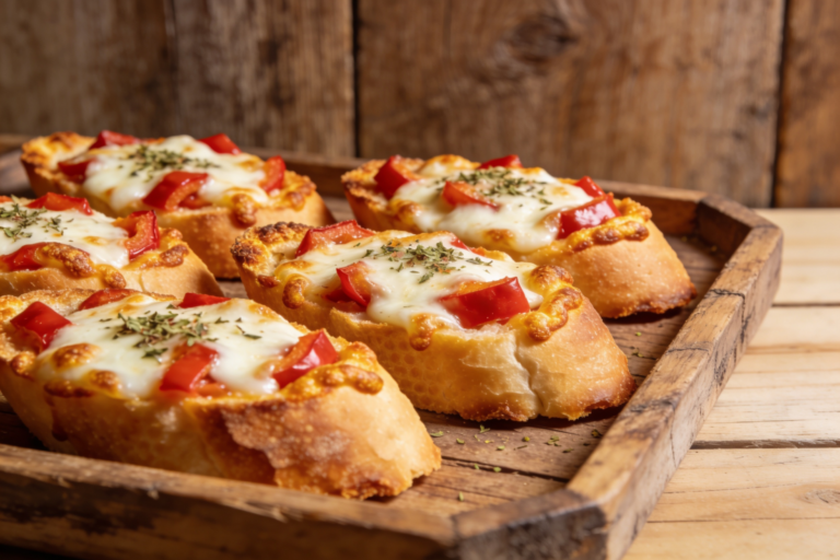 canapés de pizza assados com mussarela derretida e pimentão em bandeja rústica
