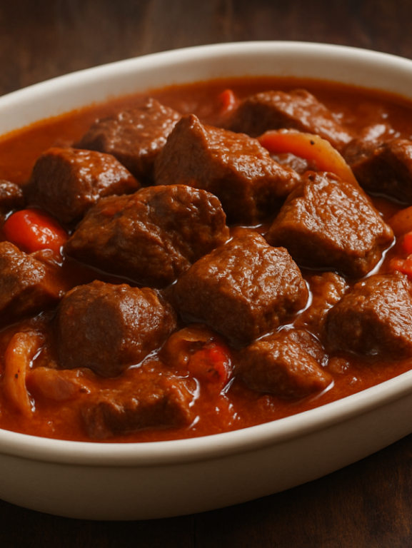 carne de panela rápida com molho espesso e cubos de acém macios servida em travessa