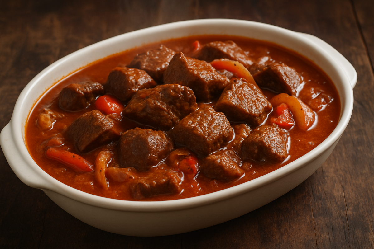 carne de panela rápida com molho espesso e cubos de acém macios servida em travessa