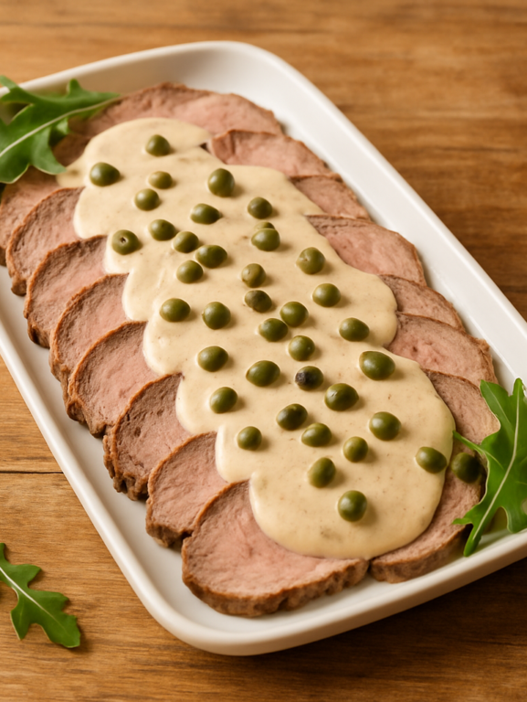 Carne Fria à Moda Italiana fatiada em travessa branca com molho cremoso de atum e alcaparras