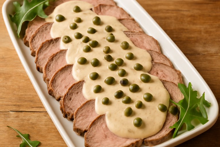 Carne Fria à Moda Italiana fatiada em travessa branca com molho cremoso de atum e alcaparras