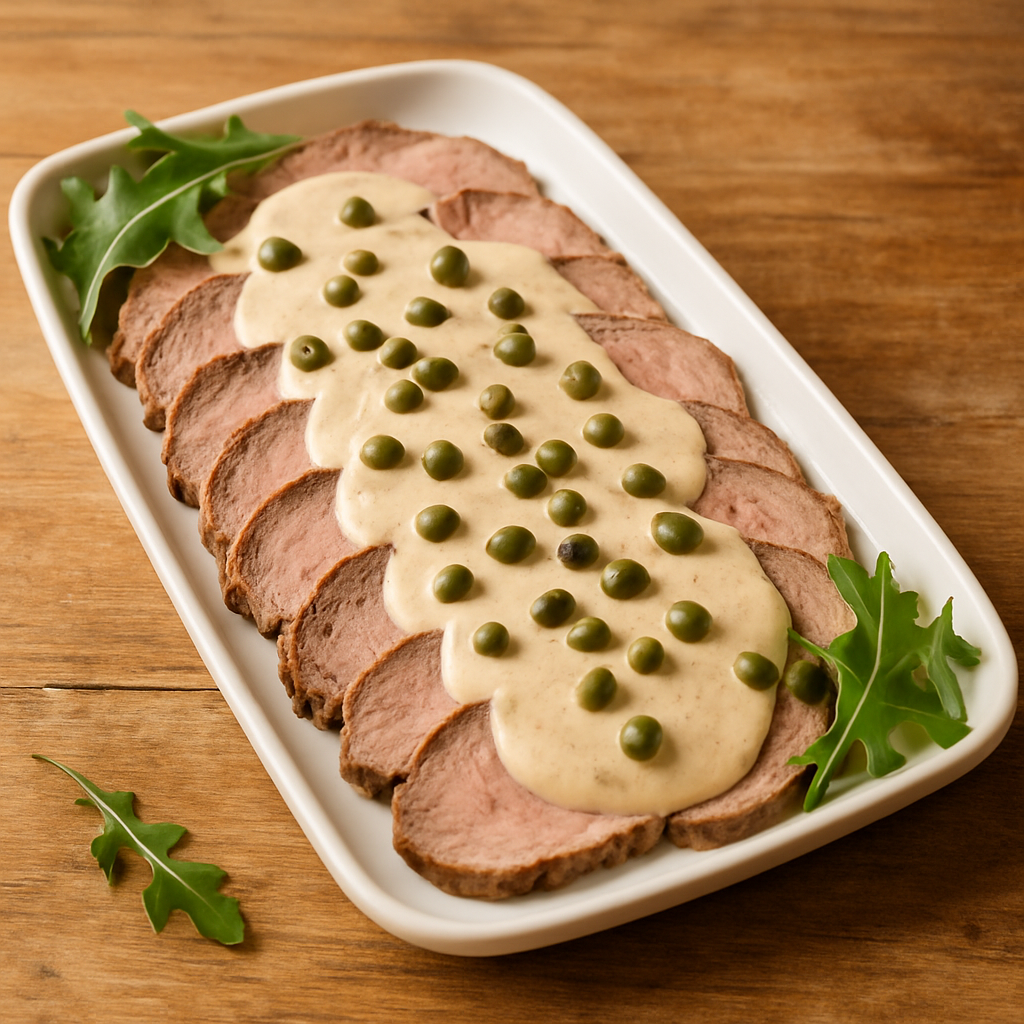 Carne Fria à Moda Italiana fatiada em travessa branca com molho cremoso de atum e alcaparras