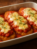 Carne moída à parmegiana com queijo mussarela derretido e molho de tomate caseiro em travessa branca